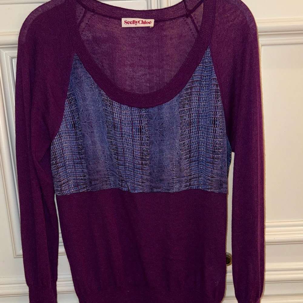 See By Chloe Purple Scoop Neck Sweater with Blue Panel